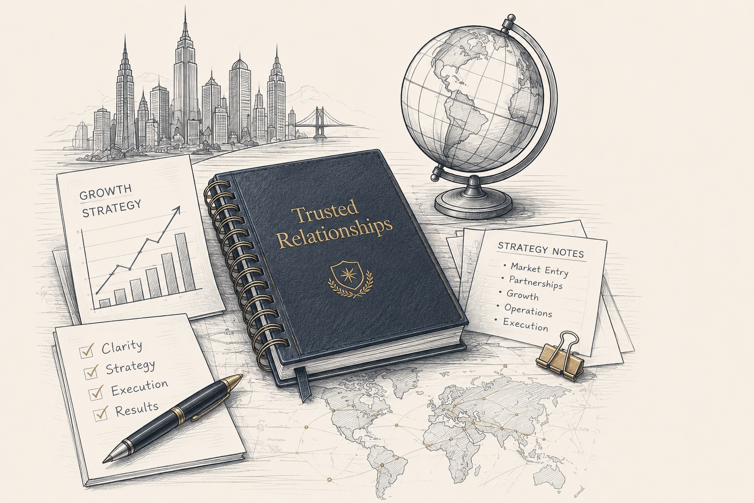 Illustrazione Trusted Relationships con taccuino, globo, appunti strategici, skyline, grafici aziendali, penna e dettagli della mappa