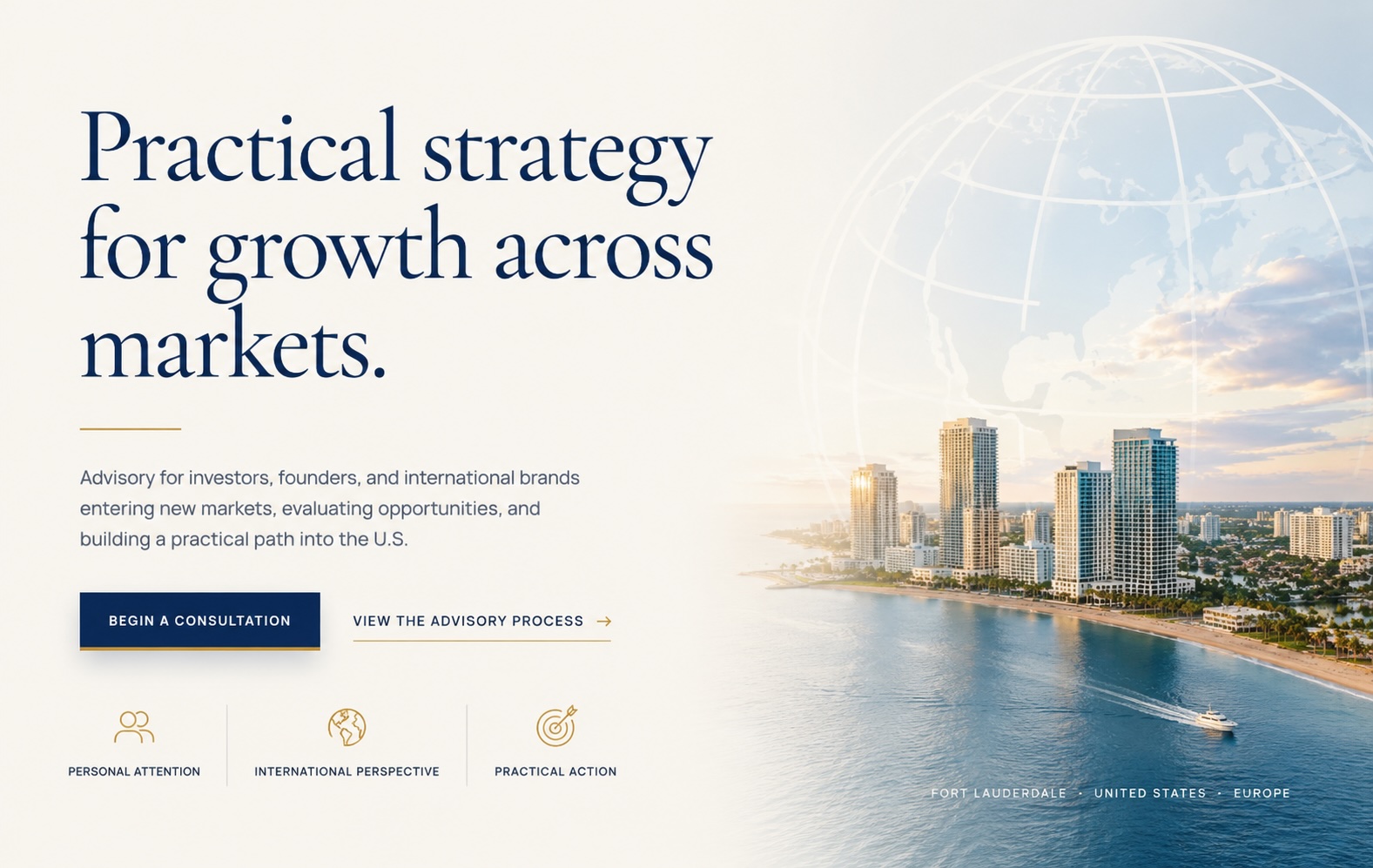 Practical strategy for growth across markets hero image with Fort Lauderdale coastline and international globe overlay.